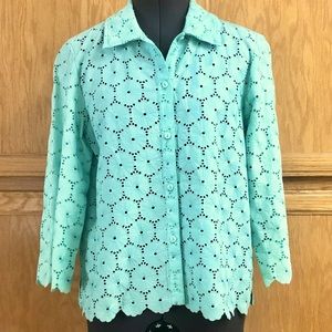Liz Claiborne Turquoise Eyelet Button-Up Blouse